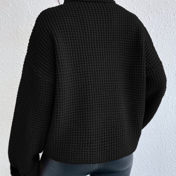 Black Casual Womens Turtleneck Drop Shoulder Waffle Knit Sweater - Picture 2 of 5